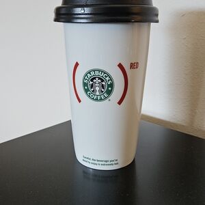 2010 Starbucks (Product) Red White Travel Mug with Black Locking Lid